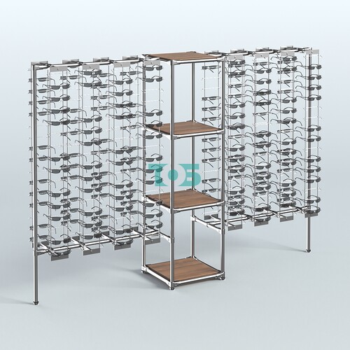 Хромированный стенд для продажи очков ЛИНИЯ №2-3-Д24 с полками ДСП 16 мм