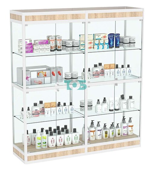 Витрина стеклянная двухсекционная с подиумом и фризом алюминиевая ВСА-7