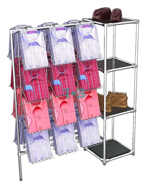 Хромированный стенд для продажи рубашек ЛИНИЯ СДПР-Д-02 №1-2 с тонированными полками стекло 8 мм и ячейками