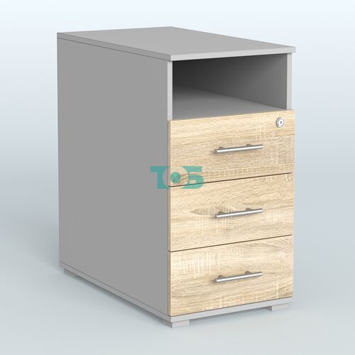 Тумба приставная с 3 ящиками (метабокс) и нишей с замком без топа Индиго Вуд, цвет белый + дуб светлый