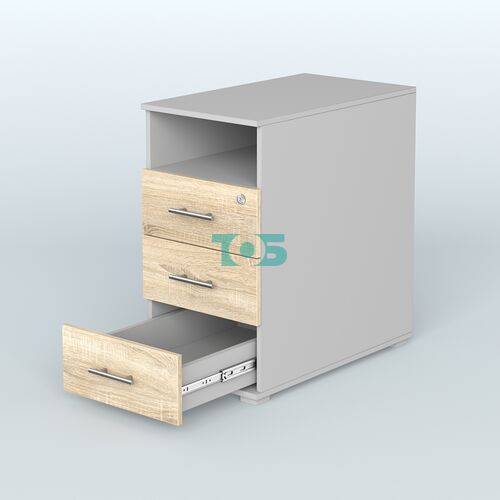 Тумба приставная с 3 ящиками (метабокс) и нишей с замком без топа Индиго Вуд, цвет белый + дуб светлый