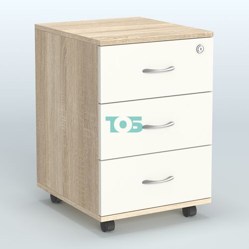 Тумба мобильная с 3 ящиками и замком Индиго Вуд, цвет дуб светлый + белый