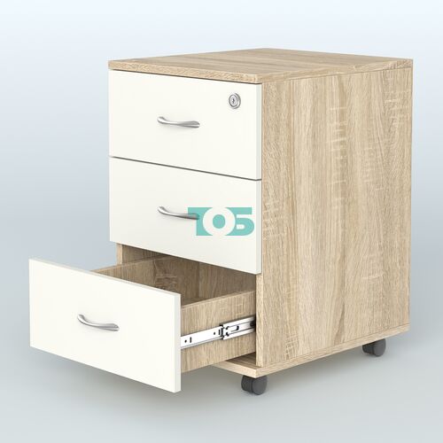 Тумба мобильная с 3 ящиками и замком Индиго Вуд, цвет дуб светлый + белый
