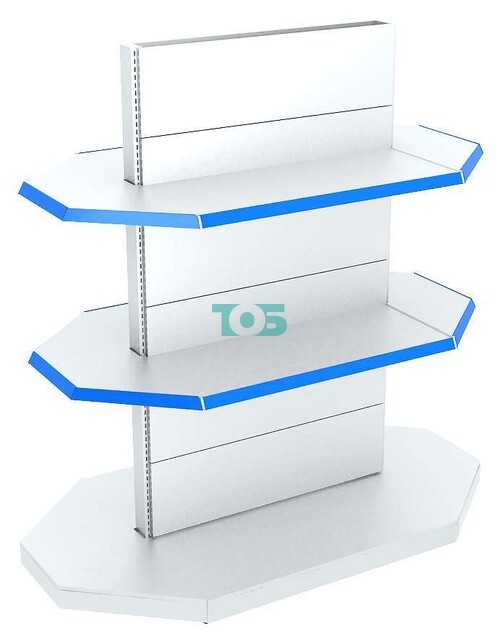 Низкий четырех сторонний островной металлический стеллаж с полками для рубашек