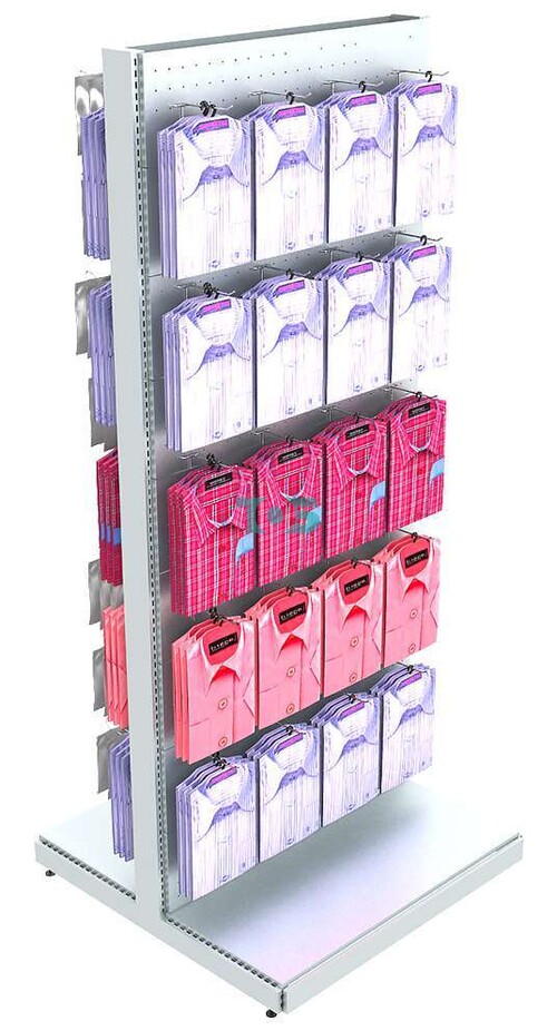 Высокий островной с перфорацией металлический стеллаж для демонстрации рубашек