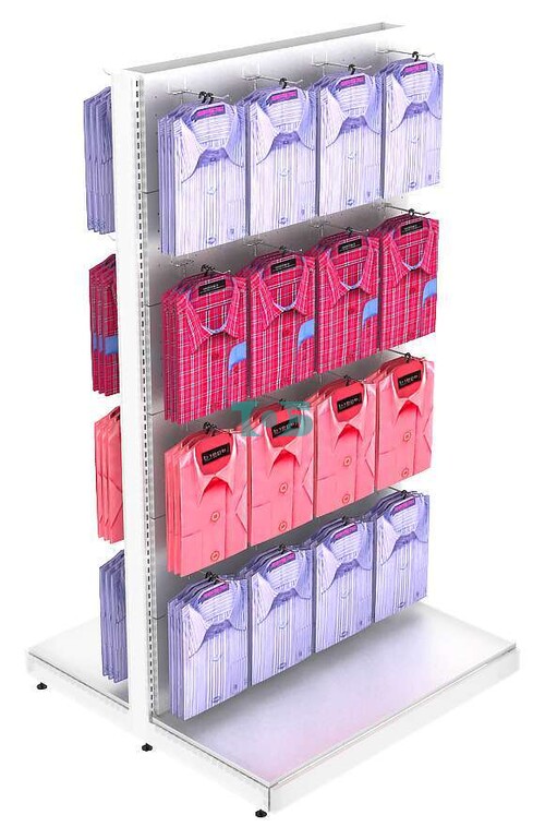 Низкий островной с перфорацией металлический стеллаж для вывески рубашек