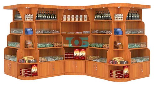 Угловой изогнутый высокий стеллаж для продажи конфет и орехов с накопителями серии NUT №3