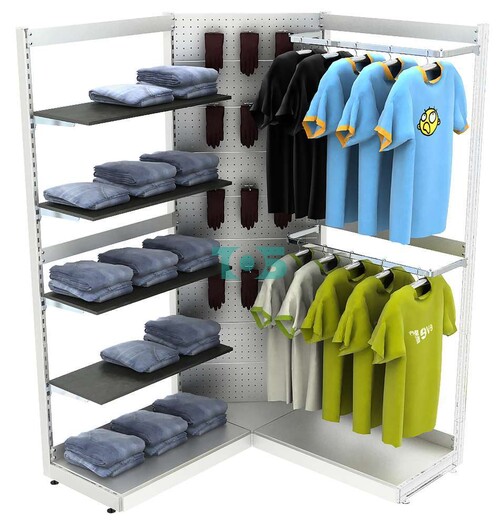 Торговая пристенная угловая система серии METAL для одежды с П-образными поручнями и полками ДСП без задней стенки №3