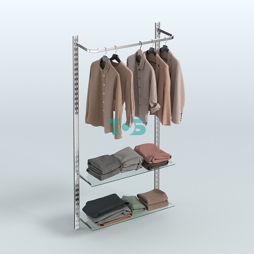 Настенная система для торговли одеждой METAL с поручнем и прозрачными полками без задней стенки шириной 1000 мм №6