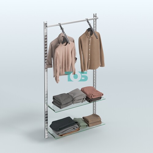 Настенная система для торговли одеждой METAL с пристенным поручнем и полками из прозрачного стекла без задней стенки шириной 1000 мм №9