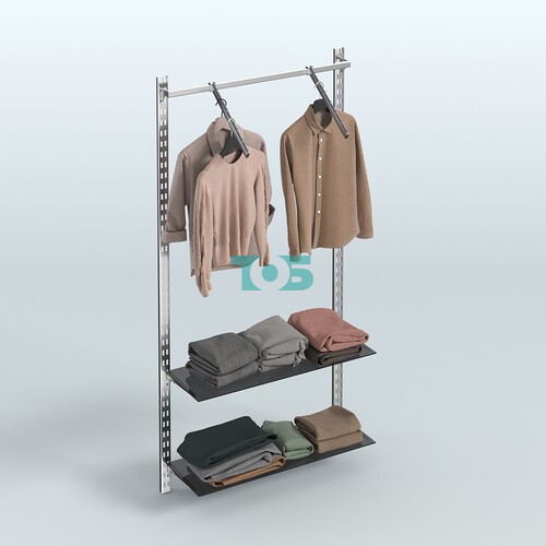 Настенная система для торговли одеждой METAL с пристенным поручнем и тонированными полками без задней стенки шириной 1000 мм №10