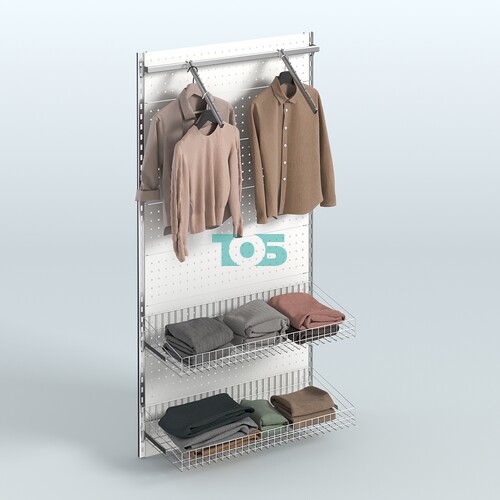 Настенная система для торговли одеждой METAL с задней стенкой, пристенным поручнем и корзинами шириной 1000 мм №4