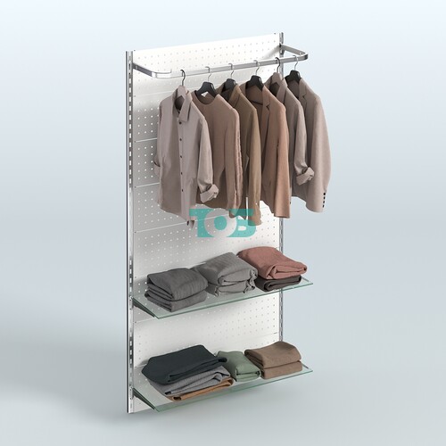 Настенная система для торговли одеждой METAL с задней стенкой, П-образным поручнем и прозрачными полками шириной 1000 мм №6