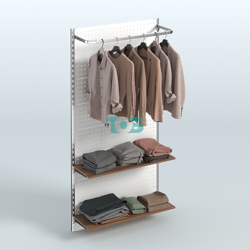 Настенная система для торговли одеждой METAL с задней стенкой, П-образным поручнем и полками ДСП шириной 1000 мм №8