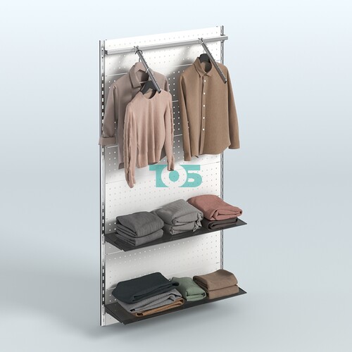 Настенная система для торговли одеждой METAL с задней стенкой, пристенным поручнем и тонированными полками шириной 1000 мм №10