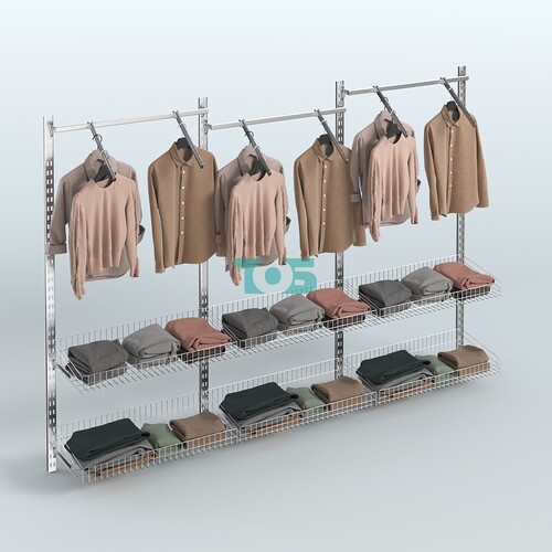 Настенная система для торговли одеждой METAL без задней стенки шириной 3000 мм с пристенными поручнями и корзинами №4