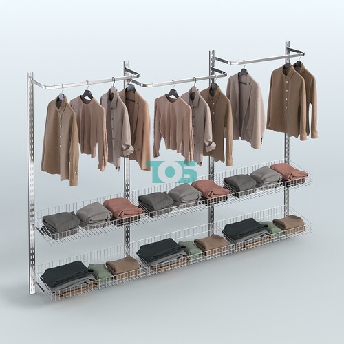 Настенная система для торговли одеждой METAL без задней стенки шириной 3000 мм с П-образными поручнями и корзинами №5