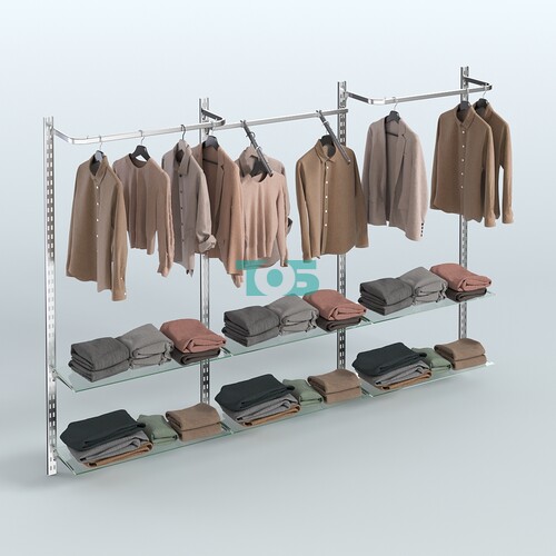 Настенная система для торговли одеждой METAL без задней стенки шириной 3000 мм с поручнями и прозрачными полками №6