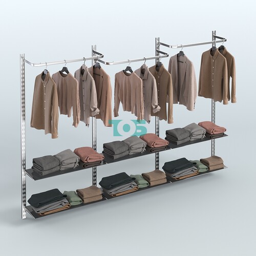 Настенная система для торговли одеждой METAL без задней стенки шириной 3000 мм с П-образными поручнями и тонированными полками №7