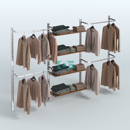 Настенная система для торговли одеждой METAL без задней стенки шириной 3000 мм с П-образными поручнями и четырьмя полками из ДСП №8