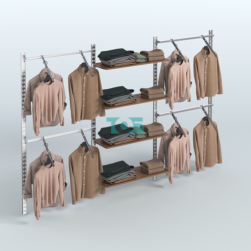 Настенная система для торговли одеждой METAL без задней стенки шириной 3000 мм с пристенными поручнями и полками ДСП №9