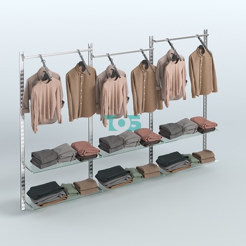 Настенная система для торговли одеждой METAL без задней стенки шириной 3000 мм с пристенными поручнями и прозрачными полками №10