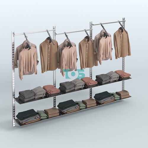 Настенная система для торговли одеждой METAL без задней стенки шириной 3000 мм с пристенными поручнями и тонированными полками №11