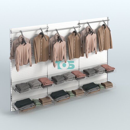 Настенная система для торговли одеждой METAL с задней стенкой шириной 3000 мм с пристенными поручнями и корзинами №4