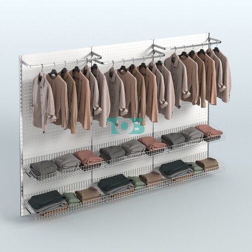 Настенная система для торговли одеждой METAL с задней стенкой шириной 3000 мм, П-образными поручнями и шестью корзинами №5