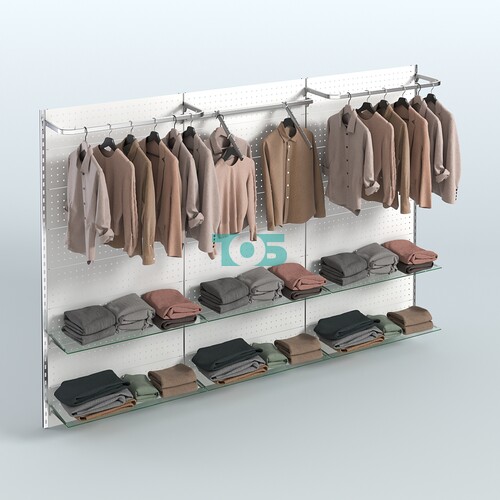 Настенная система для торговли одеждой METAL с задней стенкой шириной 3000 мм с поручнями и шестью прозрачными полками №6