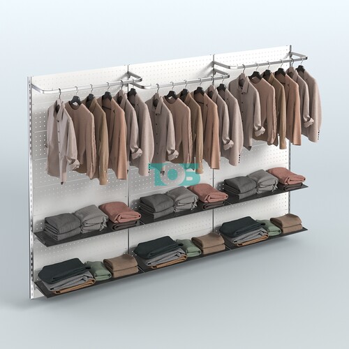 Настенная система для торговли одеждой METAL с задней стенкой шириной 3000 мм с П-образными поручнями и тонированными полками №7