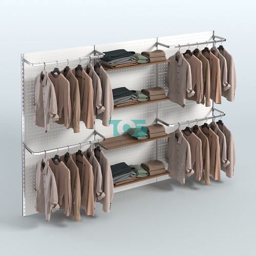 Настенная система для торговли одеждой METAL с задней стенкой шириной 3000 мм с П-образными поручнями и полками ДСП №8