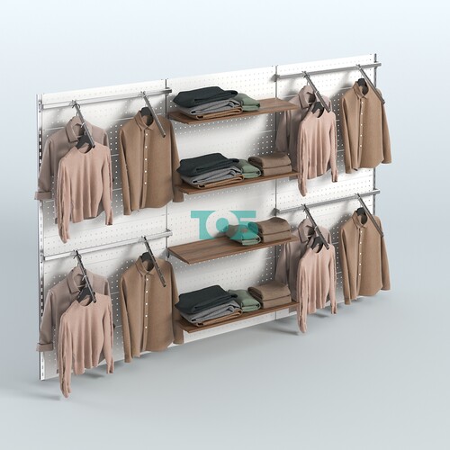 Настенная система для торговли одеждой METAL с задней стенкой шириной 3000 мм с пристенными поручнями и четырьмя полками из ДСП №9