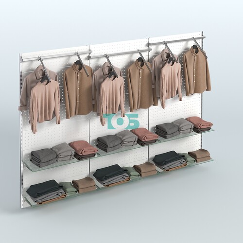 Настенная система для торговли одеждой METAL с задней стенкой шириной 3000 мм с тремя пристенными поручнями и прозрачными полками №10