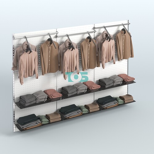 Настенная система для торговли одеждой METAL с задней стенкой шириной 3000 мм с пристенными поручнями и полками из тонированного стекла №11