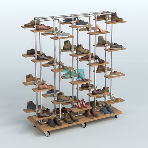 Торговый стенд для обуви прямоугольный двусторонний с полками из ДСП ЛЕСЕНКА №3-1