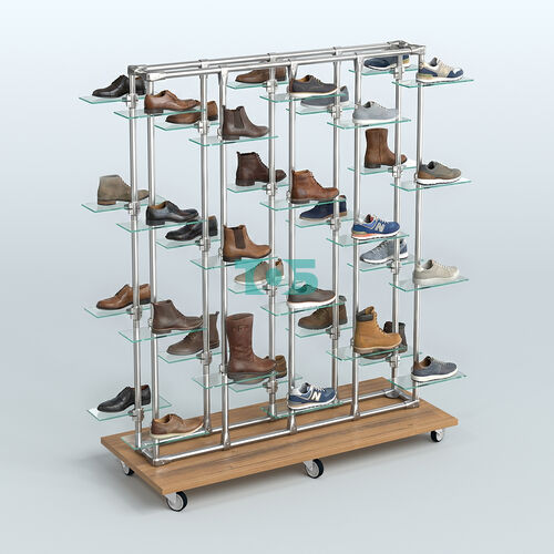 Торговый стенд для обуви прямоугольный двусторонний с прозрачными полками ЛЕСЕНКА №3-2