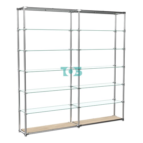 Пристенный торговый двух- секционный стеллаж ЛАЙТ с пятью прозрачными полками №6