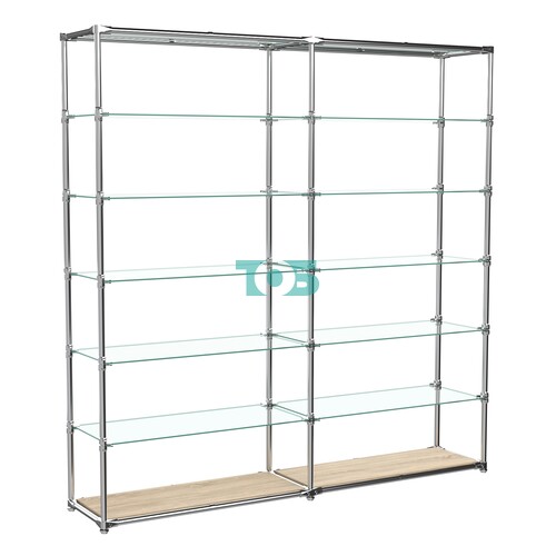 Пристенный торговый двух- секционный стеллаж ЛАЙТ с полками из стекла №7