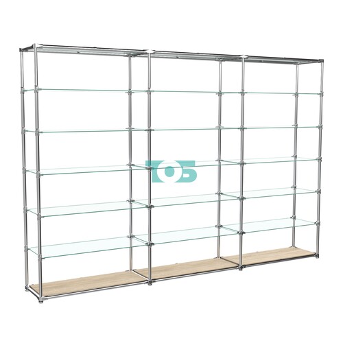 Пристенный торговый трех- секционный стеллаж ЛАЙТ с широкими прозрачными полками №11