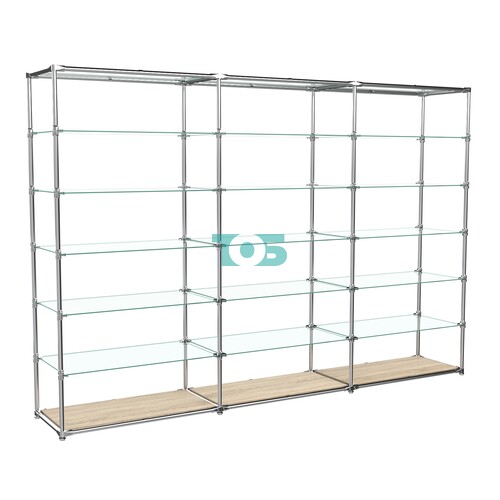 Пристенный торговый трех- секционный стеллаж ЛАЙТ с пятью прозрачными полками №12