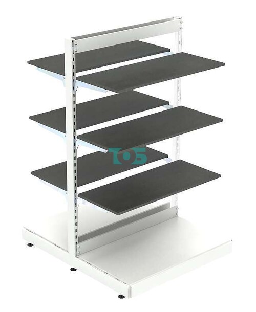 Низкий островной металлический торговый стеллаж с полками из ДСП без задней стенки