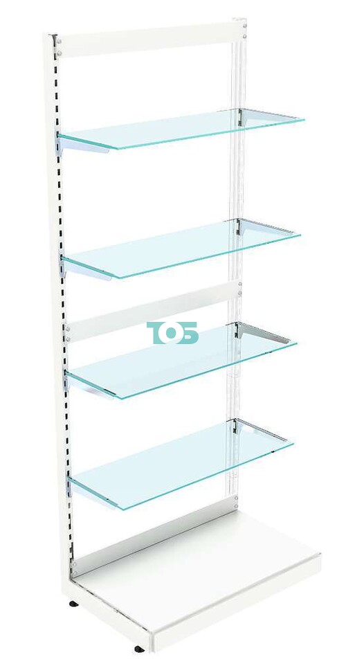 Пристенный металлический торговый стеллаж со стеклянными полками без задней стенки