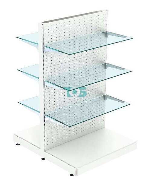 Низкий островной металлический торговый стеллаж со стеклянными полками и перфо- рированной задней стенкой