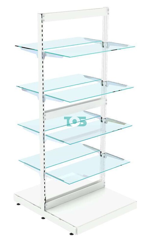 Высокий островной металлический торговый стеллаж с полками из прозрачного стекла без задней стенки