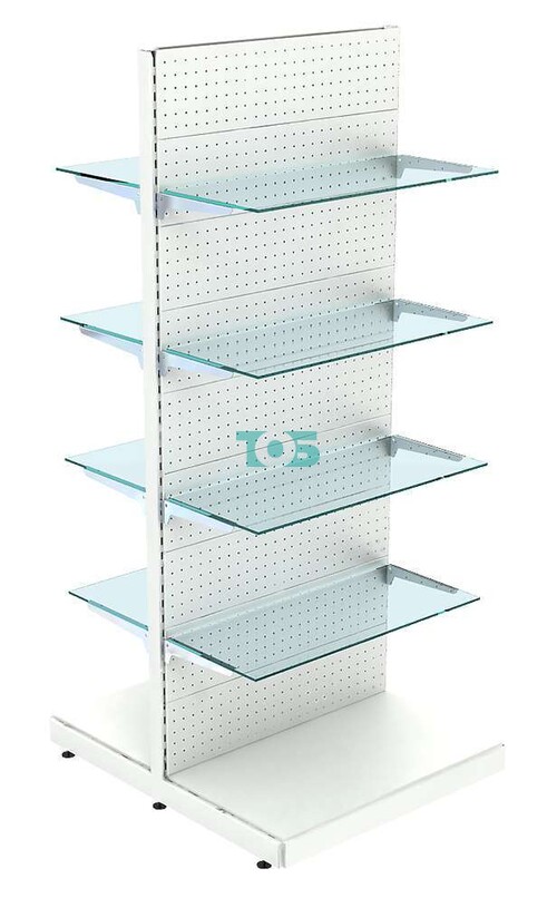 Высокий островной металлический торговый стеллаж со стеклянными полками и перфо- рированной задней стенкой