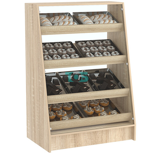 Торговый прилавок для выпечки с четырьмя наклонными полками и бортиками серии BAKERY №3