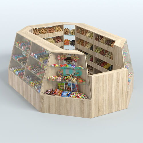 Торговый островок средний со стеклянными разделителями для продажи конфет и орехов 65 ячеек №2-1 (8,34 кв.м)