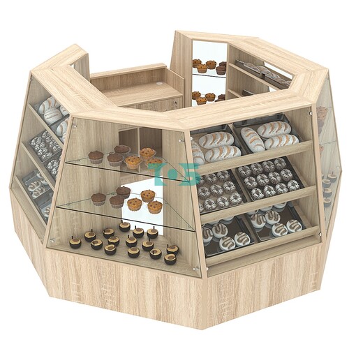 Низкий стеклянный торговый остров для продажи выпечки и хлеба серии BAKERY №1-1 (4,94 кв.м)