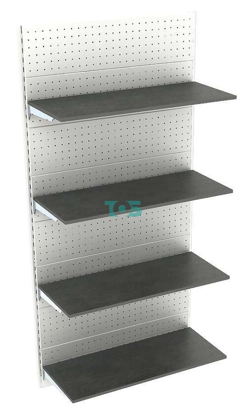 Настенный металлический торговый стеллаж с полками из ДСП и перфорированной панелью